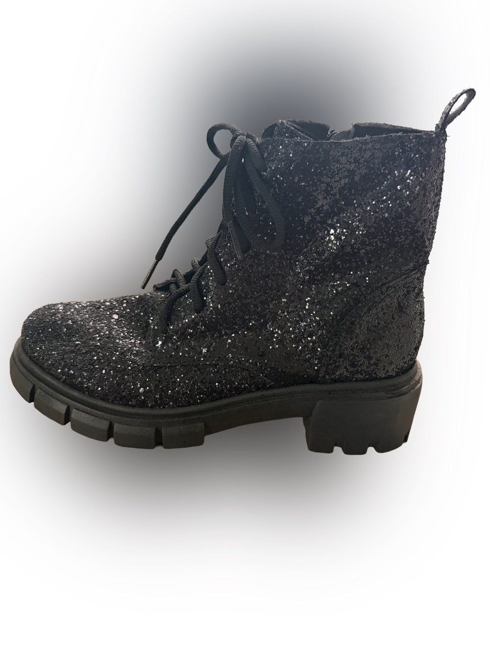 Women's Black Glitter Lace-Up Chunky Boot - Fashion Combat Style NWOT Size 7